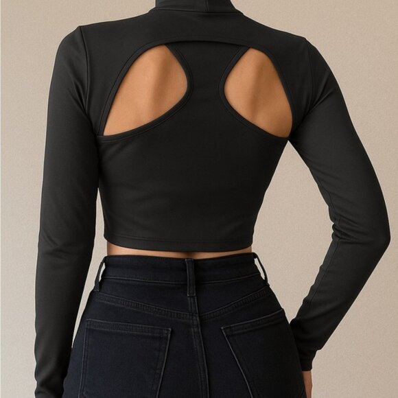 K-POP Inspired Black Cutout Crop Top – Long Sleeve, High Neck – Size XS - Picture 2 of 7